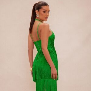 Fashion Nova Emerald Green Fringe Maxi Dress with Spaghetti Straps NWT